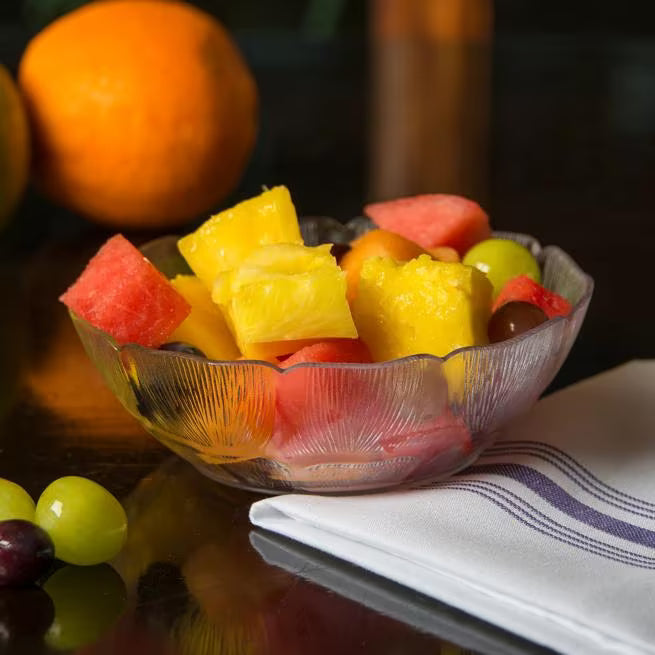 6 Inch Clear Polycarbonate Petal Mist Bowl with break resistant construction and elegant design. Ideal for buffets, catering, food bars, restaurants, and home entertaining.