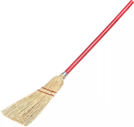 34 Inch Red Corn Lobby Broom made from a 100% natural corn blend with 80% rattan and 20% corn fiber bristles. High bristle fill count provides durable sweeping performance for commercial cleaning.
