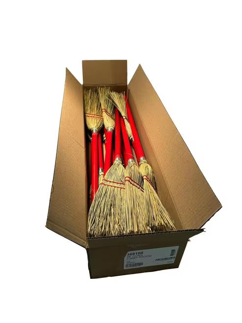 34 Inch Red Corn Lobby Broom 3 Pack made from a 100% natural corn blend with durable rattan and corn fiber bristles. Ideal for sweeping hard floors in commercial and residential environments.