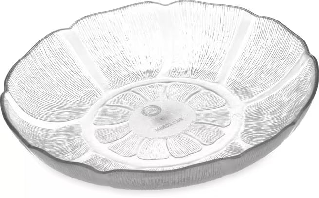 8 Inch Clear Polycarbonate Petal Mist Soup Salad Plate with 24 oz capacity and break resistant construction. Ideal for buffets, catering, restaurants, food bars, and home entertaining.