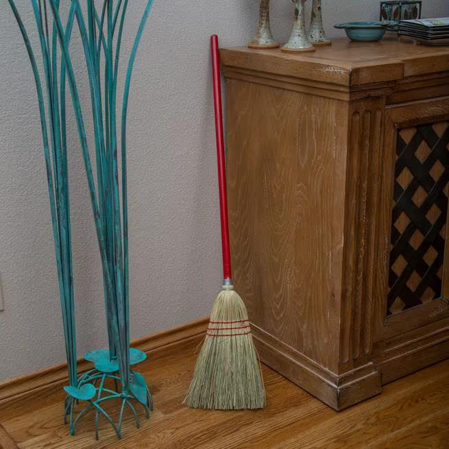 40 Inch Red 3-Stitch Lobby Broom with a 9 pound fill and 100% natural corn blend. Features durable rattan and corn fiber bristles for reliable commercial sweeping performance.