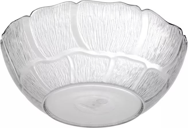 7-7/16 Inch Clear Polycarbonate Petal Mist Bowl with 1.3 qt capacity and break resistant construction. Ideal for buffets, catering, restaurants, food bars, and home entertaining.