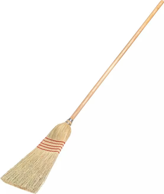 56 Inch Tan 5-Stitch Janitor Broom with 100% natural corn bristles, a heavy duty lacquered wood handle and a high bristle fill count for durable commercial sweeping performance.