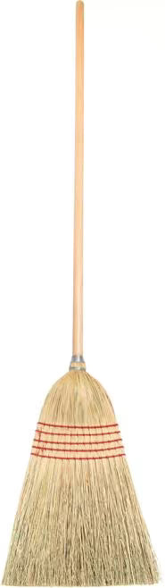 56 Inch Tan 5-Stitch Janitor Broom with 100% natural corn bristles, a heavy duty lacquered wood handle and a high bristle fill count for durable commercial sweeping performance.