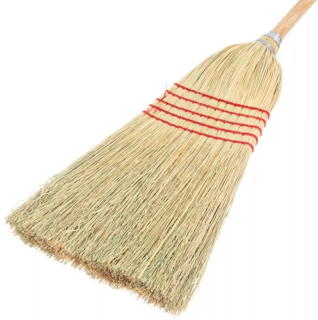 56 Inch Tan 5-Stitch Janitor Broom with 100% natural corn bristles, a heavy duty lacquered wood handle and a high bristle fill count for durable commercial sweeping performance.
