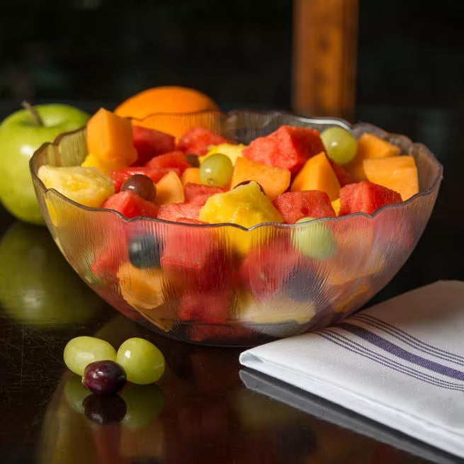 9 Inch Clear Polycarbonate Petal Mist Bowl with 2.4 qt capacity and break resistant construction. Ideal for buffets, catering, restaurants, food bars, and home entertaining.