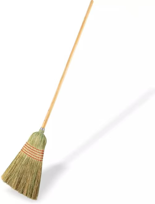 56 Inch Tan 5-Stitch Janitor Broom with 100% natural corn bristles, a heavy duty lacquered wood handle and a high bristle fill count for durable commercial sweeping performance.