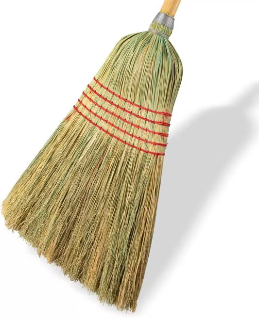 56 Inch Tan 5-Stitch Janitor Broom with 100% natural corn bristles, a heavy duty lacquered wood handle and a high bristle fill count for durable commercial sweeping performance.