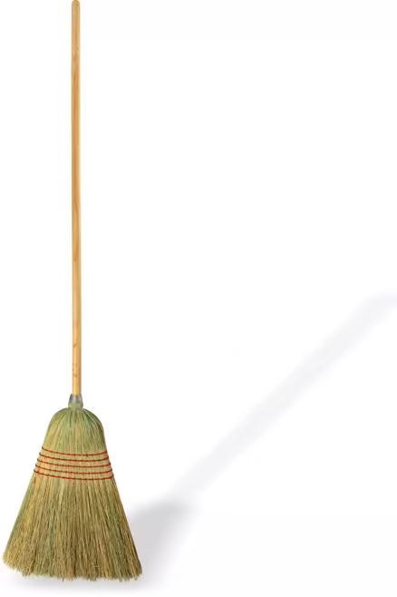 56 Inch Tan 5-Stitch Janitor Broom with 100% natural corn bristles, a heavy duty lacquered wood handle and a high bristle fill count for durable commercial sweeping performance.