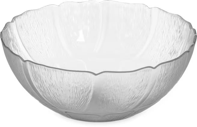 9 Inch Clear Polycarbonate Petal Mist Bowl with 2.4 qt capacity and break resistant construction. Ideal for buffets, catering, restaurants, food bars, and home entertaining.