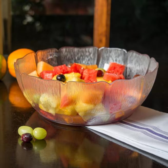 12 Inch Clear Polycarbonate Petal Mist Bowl with 5.7 qt capacity and break resistant construction. Ideal for buffets, catering, restaurants, food bars, and home entertaining.