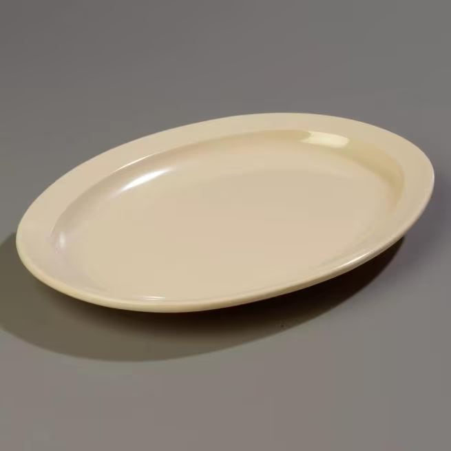 13.5" x 9.75" Tan Melamine Oval Platter Tray with break resistant, stain resistant construction. Ideal for restaurants, catering, and home dining.