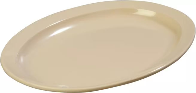 13.5" x 9.75" Tan Melamine Oval Platter Tray with break resistant, stain resistant construction. Ideal for restaurants, catering, and home dining.