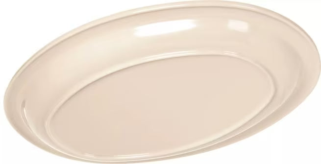 13.5" x 9.75" Tan Melamine Oval Platter Tray with break resistant, stain resistant construction. Ideal for restaurants, catering, and home dining.