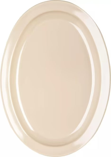 13.5" x 9.75" Tan Melamine Oval Platter Tray with break resistant, stain resistant construction. Ideal for restaurants, catering, and home dining.