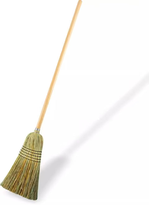 56 Inch Natural 5-Stitch Warehouse and Janitor Blended Corn Broom with 80% rattan and 20% corn fiber bristles. High bristle fill count provides durable, long lasting sweeping performance for commercial cleaning.