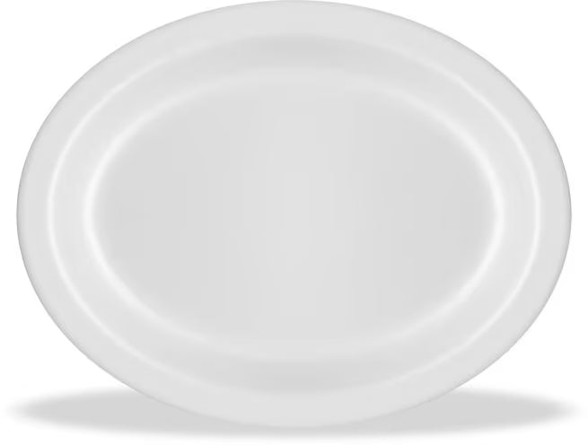 12" x 9" White Melamine Oval Platter Tray with break resistant, stain resistant construction. Ideal for restaurants, catering, and home dining.