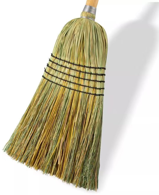 56 Inch Natural 5-Stitch Warehouse and Janitor Blended Corn Broom with 80% rattan and 20% corn fiber bristles. High bristle fill count provides durable, long lasting sweeping performance for commercial cleaning.