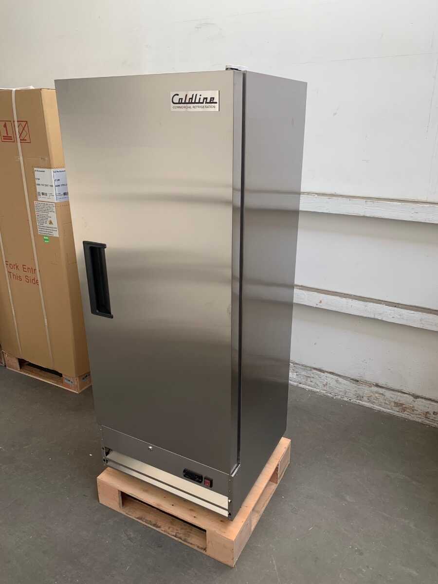 Single-door reach-in refrigerator with a 25-inch width, 23.5-inch narrow depth, and 64.7-inch height, featuring a stainless steel interior and exterior. It has an 11 cubic foot capacity for storage.