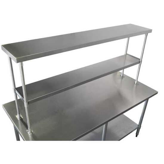 The Prepline PDOS-1436 is a 14-inch deep by 36-inch long stainless steel double overshelf, ideal for maximizing storage in kitchens, perfect for holding ingredients, utensils, and supplies."