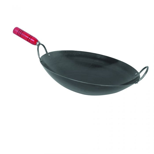 Thunder Group Wok is a versatile kitchen essential designed for traditional and high-heat cooking. With a 14-inch diameter and a depth of 3 7/8 inches, this wok is crafted from durable steel, ensuring even heat distribution for optimal cooking results. It features a 4 7/8-inch wooden handle that remains cool to the touch, offering comfort and control during stir-frying, sautéing, and searing. 