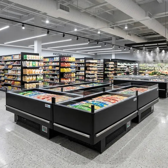 Coldline ISLAND-DT80 82-inch open air dual temperature island merchandiser with refrigerator and freezer sections for supermarkets, grocery stores, and retail food displays. Provides easy customer access to chilled and frozen products while maintaining reliable commercial refrigeration performance.