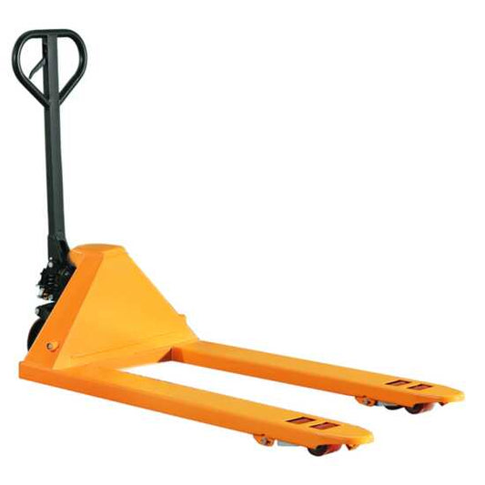The HiLo JACK-4S Standard Pallet Jack, featuring a 4400 lb capacity, is ideal for lifting and transporting heavy pallets in warehouses, retail, and industrial settings, ensuring reliable material handling.