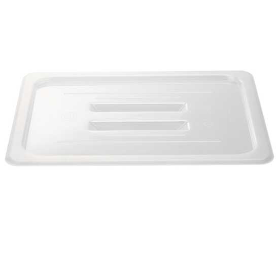 The Prepline 1/3 Size Clear Polycarbonate Food Pan Lid with Handle is designed for easy access and secure storage, keeping food fresh in commercial kitchens and catering settings while ensuring durability.