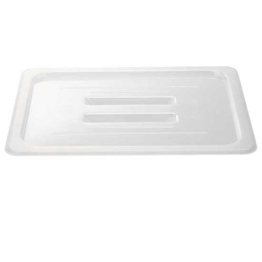 The Prepline 1/3 Size Clear Polycarbonate Food Pan Lid with Handle is designed for easy access and secure storage, keeping food fresh in commercial kitchens and catering settings while ensuring durability.