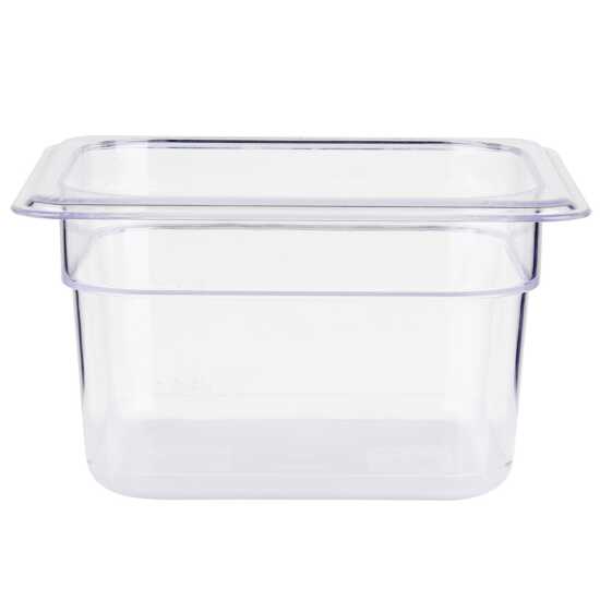 The Prepline 1/6 Size Clear Polycarbonate Food Pan, 4" deep, is ideal for storing and displaying food in restaurants and catering. Its durable design offers visibility and resistance to stains and odors.