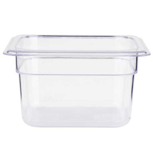 The Prepline 1/6 Size Clear Polycarbonate Food Pan, 4" deep, is ideal for storing and displaying food in restaurants and catering. Its durable design offers visibility and resistance to stains and odors.