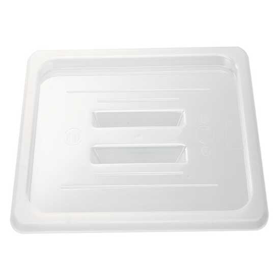 The Prepline 1/6 Size Clear Polycarbonate Food Pan Lid with Handle provides a secure cover for food storage, ensuring freshness and easy access. Designed for durability in commercial kitchens and catering.