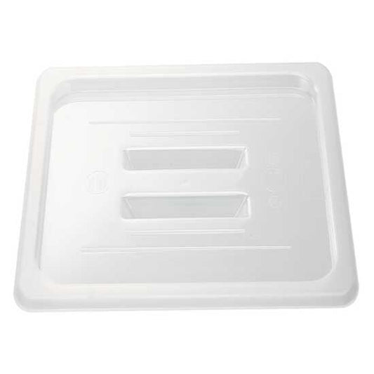 The Prepline 1/6 Size Clear Polycarbonate Food Pan Lid with Handle provides a secure cover for food storage, ensuring freshness and easy access. Designed for durability in commercial kitchens and catering.