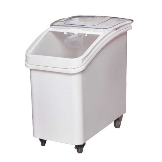 The Prepline 27-gallon Mobile Ingredient Storage Bin, offering a 680-cup capacity and a sliding lid, is designed for efficient bulk ingredient storage in commercial kitchens, enhancing accessibility and mobility.