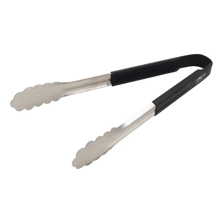  (Blue 12", Black 12", Red 12", Blue 9-1/2", Black 9-1/2", Red 9-1/2") Utility Tong resist rust and corrosion even after frequent use in commercial kitchens. Ideal for flipping pan-fried chicken or pulling pork tenderloins from baking racks, this kitchen utensil’s thin scalloped tips increase grip on hot or cold food items. Its silicone handle protects users’ hands from burns and provides insulation when placed or used in cold temperatures. 