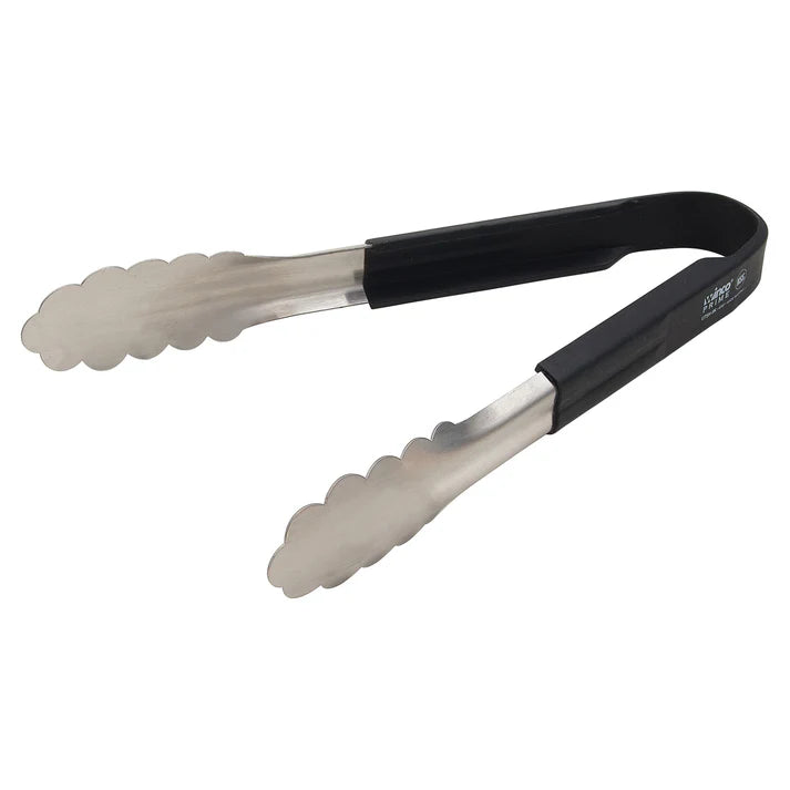  (Blue 12", Black 12", Red 12", Blue 9-1/2", Black 9-1/2", Red 9-1/2") Utility Tong resist rust and corrosion even after frequent use in commercial kitchens. Ideal for flipping pan-fried chicken or pulling pork tenderloins from baking racks, this kitchen utensil’s thin scalloped tips increase grip on hot or cold food items. Its silicone handle protects users’ hands from burns and provides insulation when placed or used in cold temperatures. 