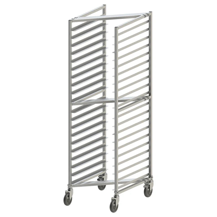 (Knock Down, Welded) Sheet Pan Rack 1/Pack designed with space-saving in mind, the Z-rack fits snugly with nesting racks to conserve floor space while in storage. The Z-rack accommodates standard full-size sheet pans, or double up with half-size pans. Combining durability and convenience, this sheet pan rack features an exceptionally durable aluminum structure and full-swivel casters with brake for easy transport. Perfect for use in restaurants and bakeries.