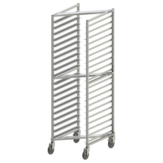 (Knock Down, Welded) Sheet Pan Rack 1/Pack designed with space-saving in mind, the Z-rack fits snugly with nesting racks to conserve floor space while in storage. The Z-rack accommodates standard full-size sheet pans, or double up with half-size pans. Combining durability and convenience, this sheet pan rack features an exceptionally durable aluminum structure and full-swivel casters with brake for easy transport. Perfect for use in restaurants and bakeries.
