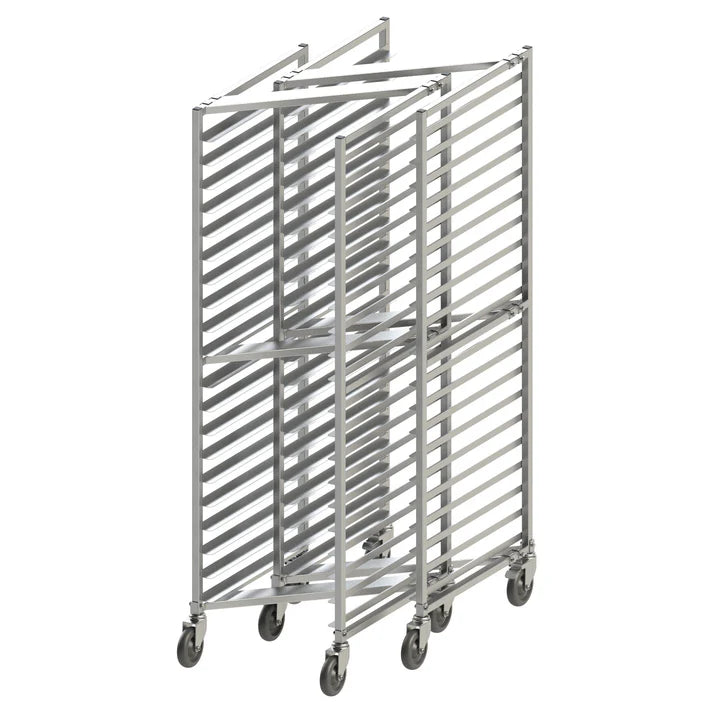(Knock Down, Welded) Sheet Pan Rack 1/Pack designed with space-saving in mind, the Z-rack fits snugly with nesting racks to conserve floor space while in storage. The Z-rack accommodates standard full-size sheet pans, or double up with half-size pans. Combining durability and convenience, this sheet pan rack features an exceptionally durable aluminum structure and full-swivel casters with brake for easy transport. Perfect for use in restaurants and bakeries.