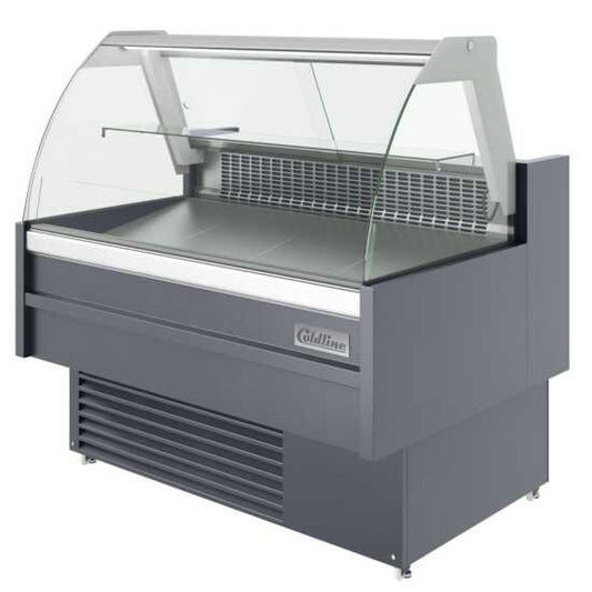 The Coldline SDC48 is a 48-inch refrigerated curved glass meat deli case with rear storage, designed to keep meats fresh and visible while providing convenient rear access storage for additional items.