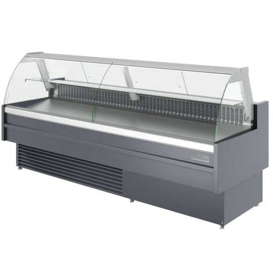 The Coldline SDC98 is a 98-inch refrigerated curved glass meat deli case with rear storage, designed for showcasing large quantities of fresh meats while providing convenient rear access for additional storage and easy inventory management