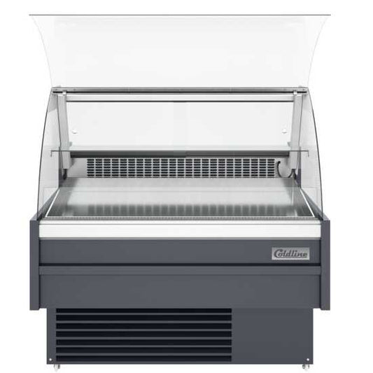 The Coldline SDC48-F is a 48-inch refrigerated fish display case with an ice bin and drain, designed to keep fish fresh and visible while allowing easy ice management and drainage for optimal hygiene.