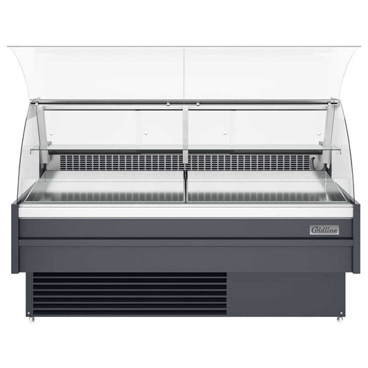 The Coldline SDC72-F is a 72-inch refrigerated fish display case with an ice bin and drain, designed to keep fish fresh and visible while providing easy access for ice management and drainage.