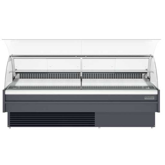 The Coldline SDC98-F is a 98-inch refrigerated fish display case with an ice bin and drain, designed for showcasing large quantities of fresh fish while facilitating efficient ice management and drainage.