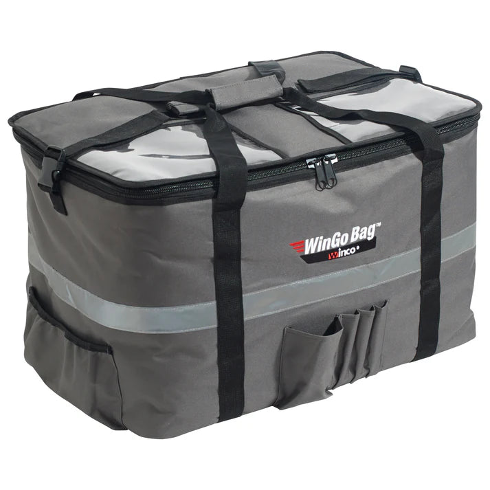 (Small 6/Pack, Medium 6/Pack, Large 4/Pack, X-Large 4/Pack) Premium Catering Bag is ideal for pizza boxes, food pans, and more. It will maintain the temperature for up to 45 minutes maximizing the delivery range. This catering bag features a transport strap made for a bike or scooter. The built-in rubber feet are great for long-lasting durability. Multiple heavy-duty carry straps are attached to stabilize the deliveries.