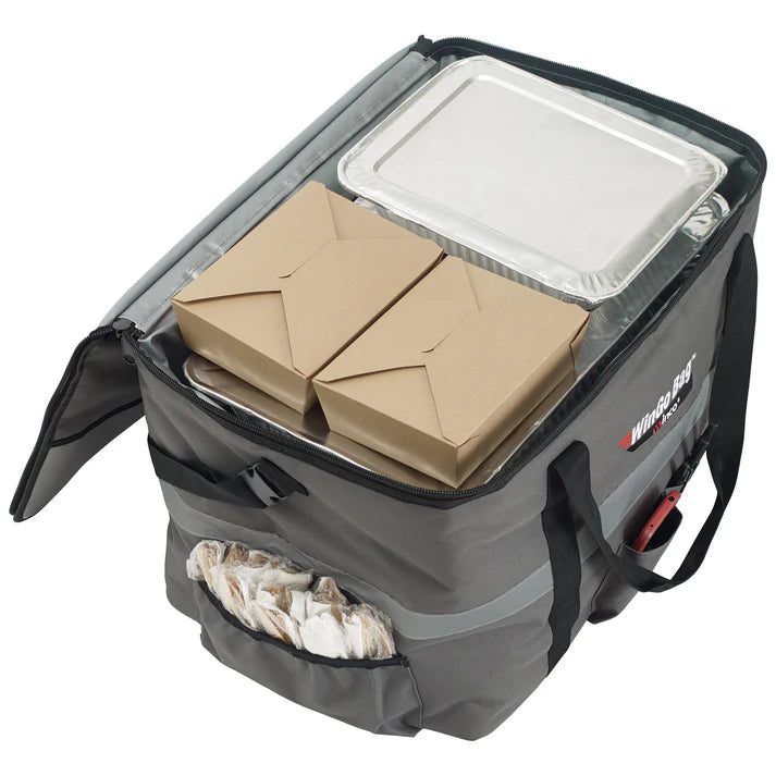 (Small 6/Pack, Medium 6/Pack, Large 4/Pack, X-Large 4/Pack) Premium Catering Bag is ideal for pizza boxes, food pans, and more. It will maintain the temperature for up to 45 minutes maximizing the delivery range. This catering bag features a transport strap made for a bike or scooter. The built-in rubber feet are great for long-lasting durability. Multiple heavy-duty carry straps are attached to stabilize the deliveries.
