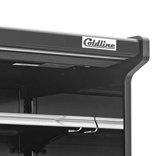 The Coldline SOCD-76-B 76" black deep refrigerated air curtain merchandiser, operating on 220V, features deeper shelving, an air curtain for efficient cooling, and energy-efficient lighting for displaying chilled products.
