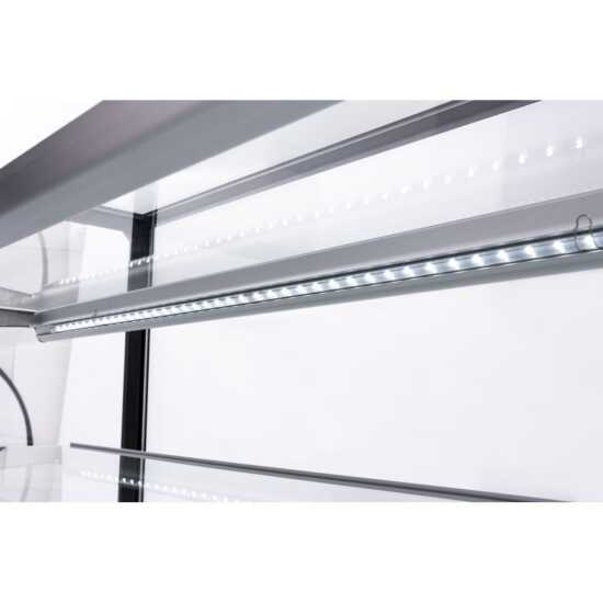 The Marchia MB36-B 36-inch Curved Glass Refrigerated Bakery Display Case in black, designed to display baked goods, desserts, and pastries while maintaining freshness and optimal temperature. Ideal for bakeries, cafés, and delis.