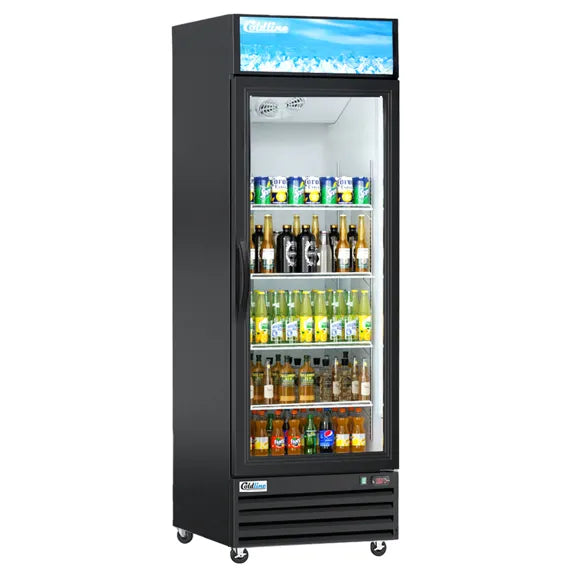 Coldline LGX-426WL 24-inch glass door merchandiser refrigerator with LED lighting in black, ideal for retail stores to display and keep beverages and chilled products visible, organized, and cold.