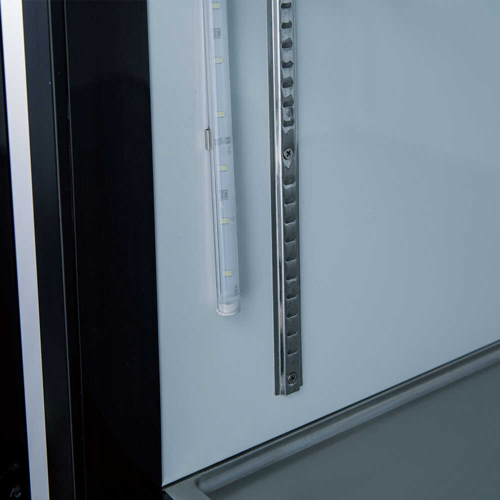 Coldline G53S-B 53-inch double glass sliding door merchandiser refrigerator with LED lighting and a black exterior. This refrigerator is designed with double sliding glass doors for efficient access and space-saving, making it ideal for high-traffic retail environments. The LED lighting illuminates the interior, enhancing product visibility and presentation. The sleek black finish adds a contemporary touch, ensuring that the unit blends seamlessly into modern commercial settings.
